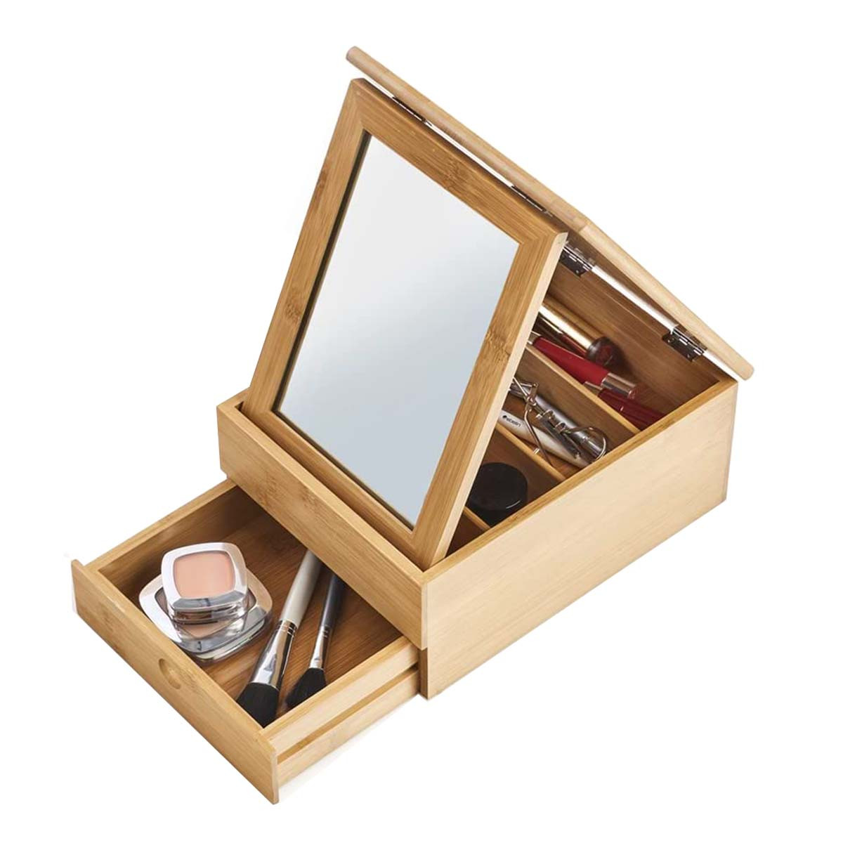 Boîte de rangement maquillage avec miroir et compartiments - Bambou - ON  RANGE TOUT