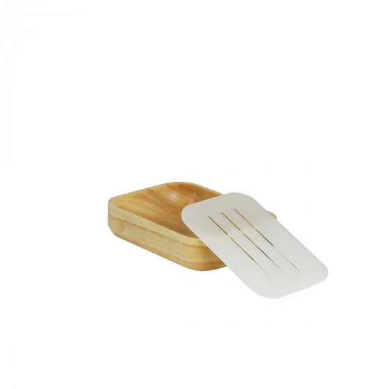 Porte-savon en bois d'hévéa et support en plastique translucide