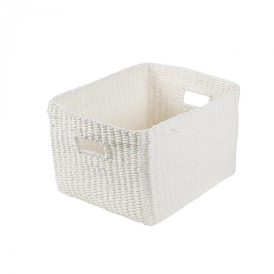 Grand panier rectangulaire tressé en papier blanc. L