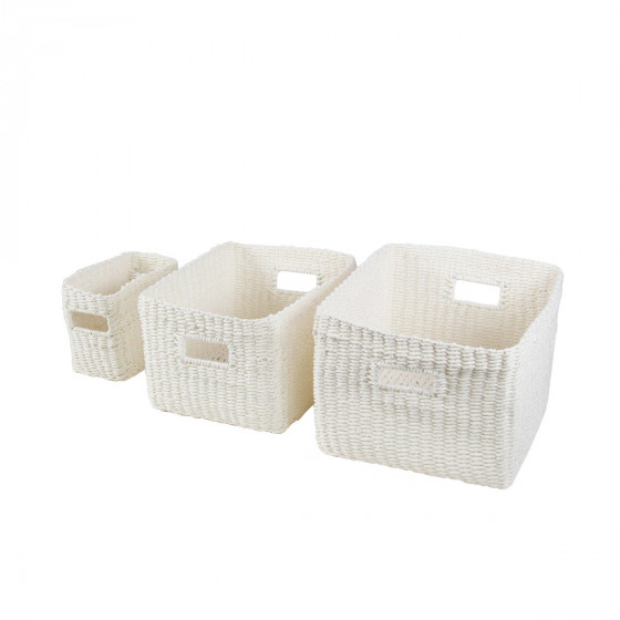 Grand panier rectangulaire tressé en papier blanc. L