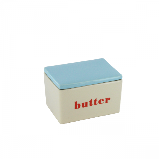 Beurrier en céramique crème avec un couvercle bleu