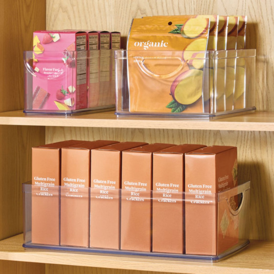 Haut bac en plastique L transparent et empilable pour organiser placards et tiroirs