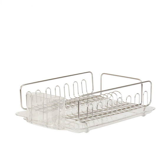 Egouttoir en inox avec un plateau en plastique transparent et bac à couverts