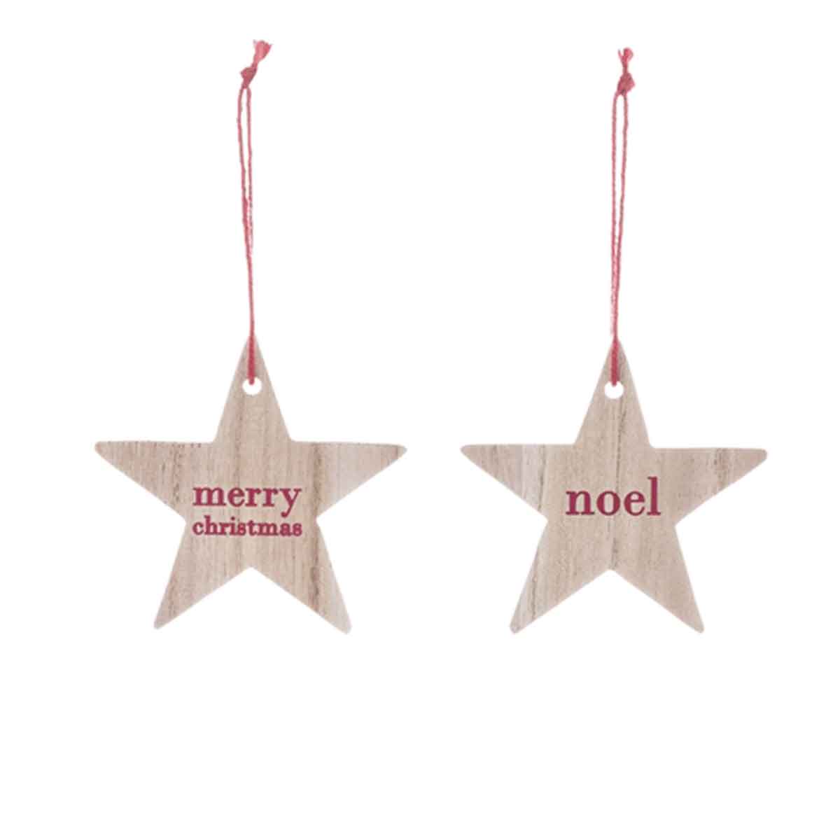 2 étoiles de noël en bois avec inscription noel et merry christmas