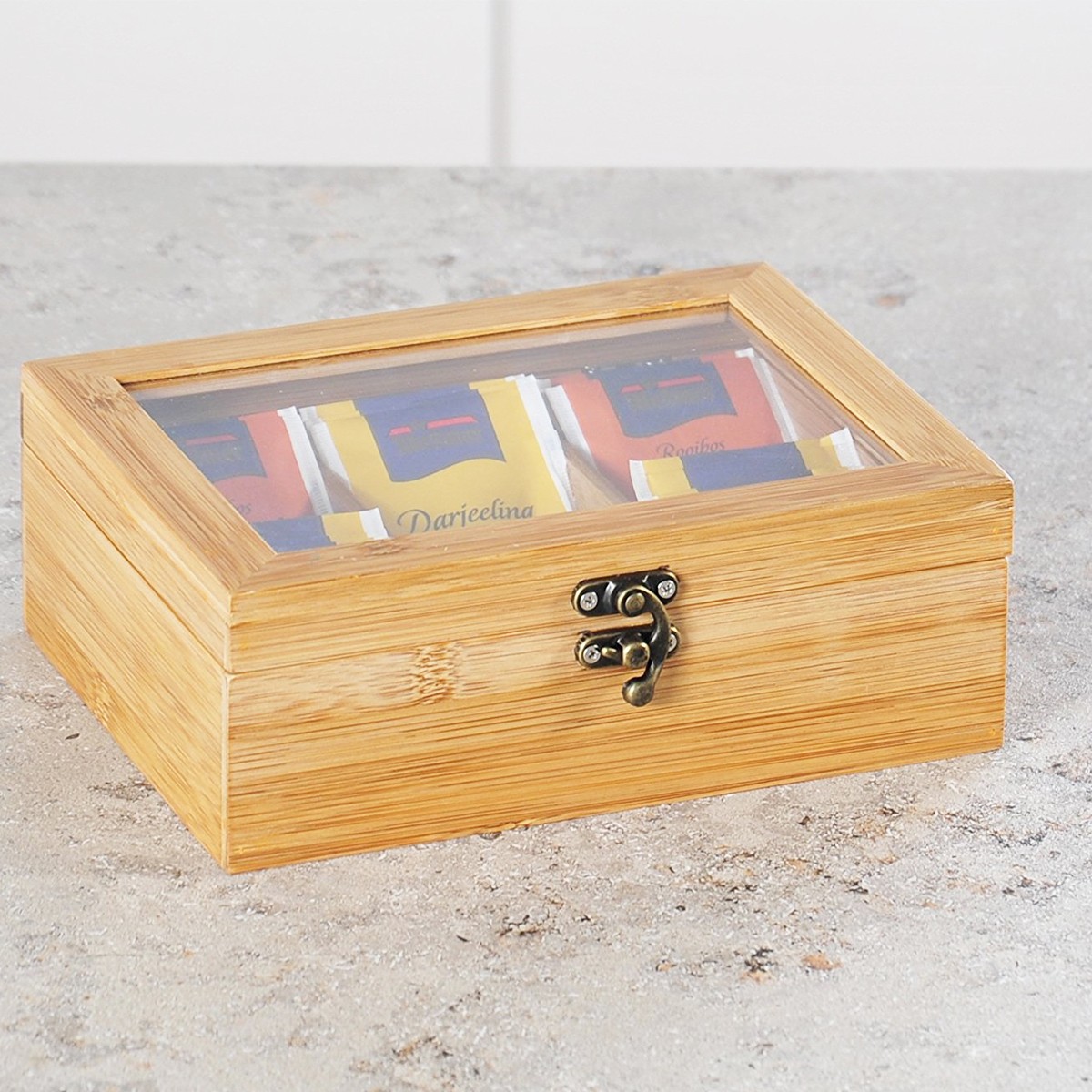 Boîte de rangement en bois avec fenêtre en verre transparent pour sachets de thé et capsules de café