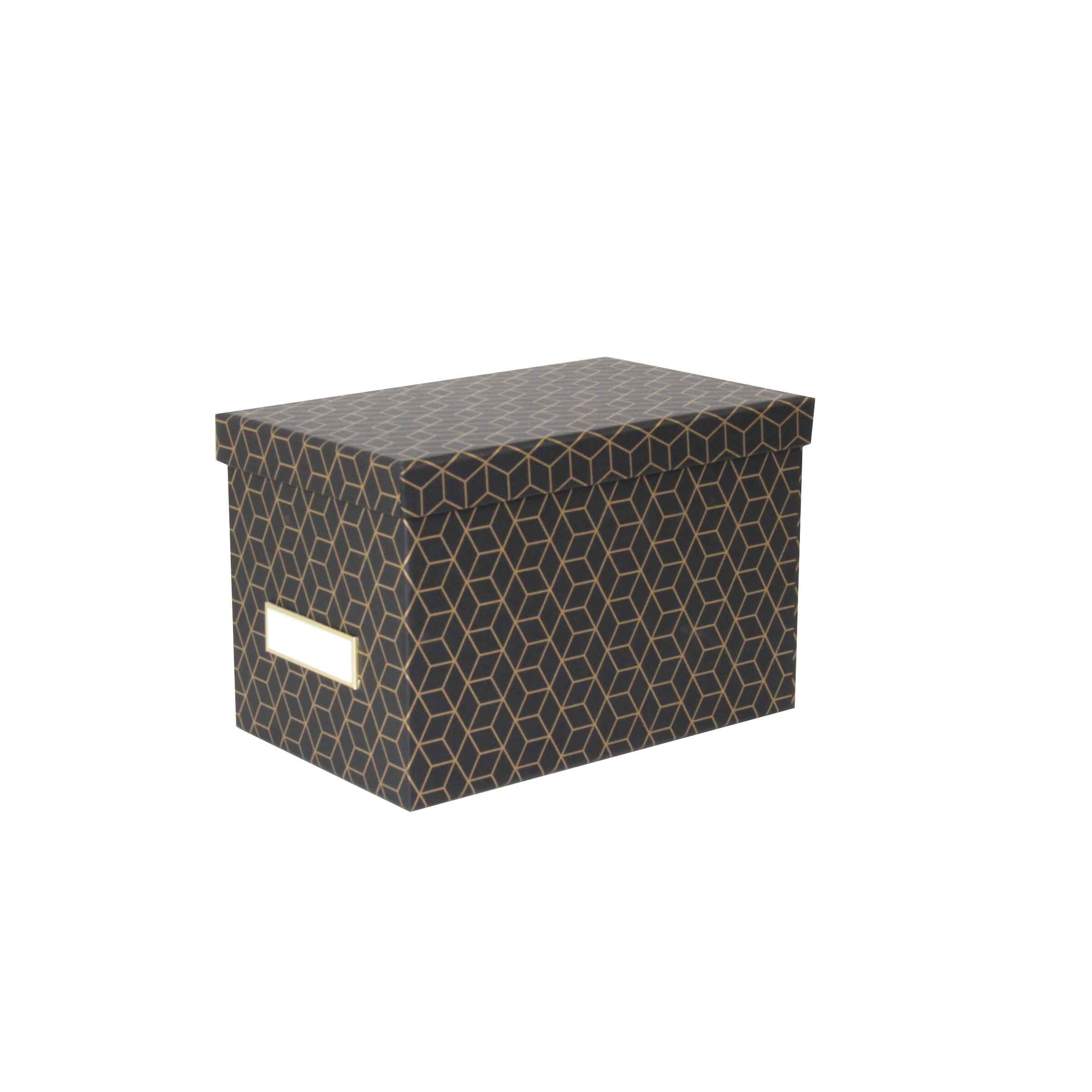 boîte en carton noir et motif géométrique doré avec couvercle et porte étiquette